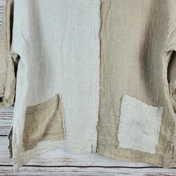 Match Point Womens Small Beige/Tan Color Block Linen Dolman Sleeve Tunic Top #28 - Picture 3 of 10